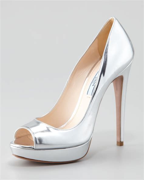 prada metallic peep-toe pump silver|Silver Metallic Leather Slingback Pumps .